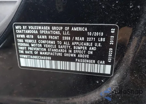 2014 Volkswagen Passat 1.8T Se z USA, uszkodzony, nr VIN 1VWBT7A35EC040269